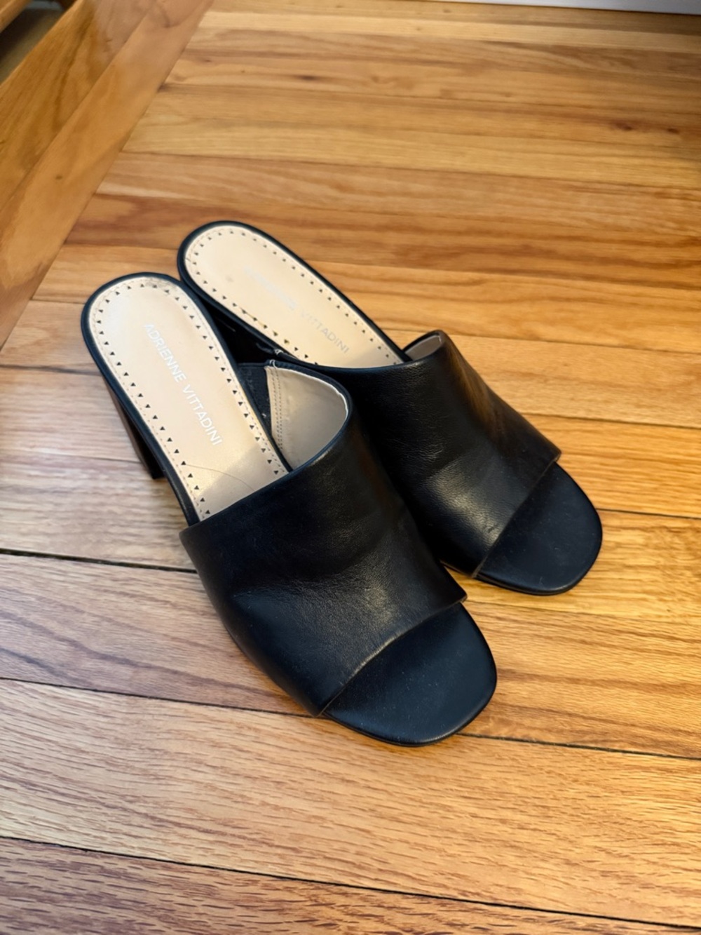 Adrianna Papell Black Leather Open-Toe Slide Mules